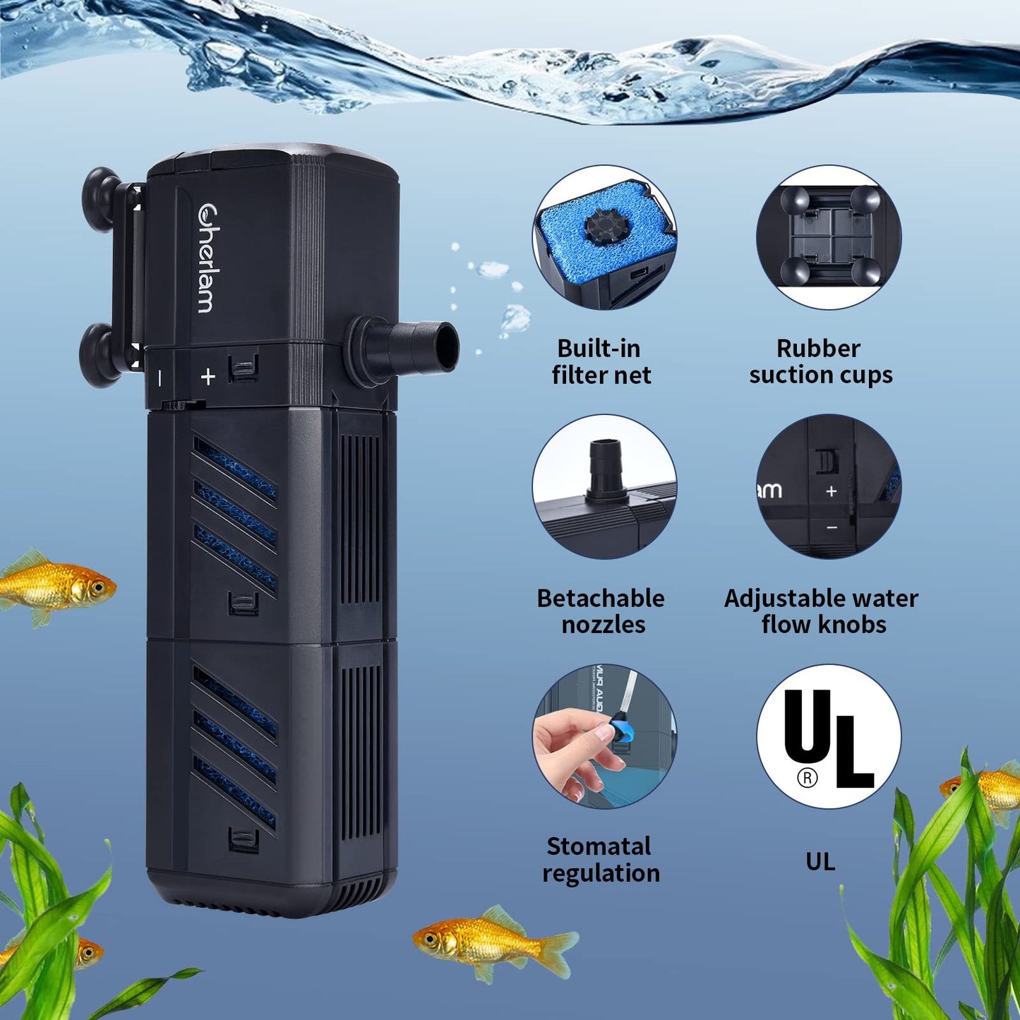 4-in-1 Submersible Aquarium Filter | 400 GPH Internal Powerhead (15W)