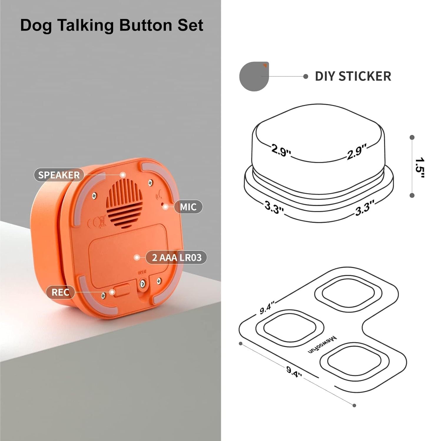 MEWOOFUN Dog Talking Buttons Set – 3-Pack Recordable Voice Communication Buttons with Non-Slip Mat for Pet Training and Interaction