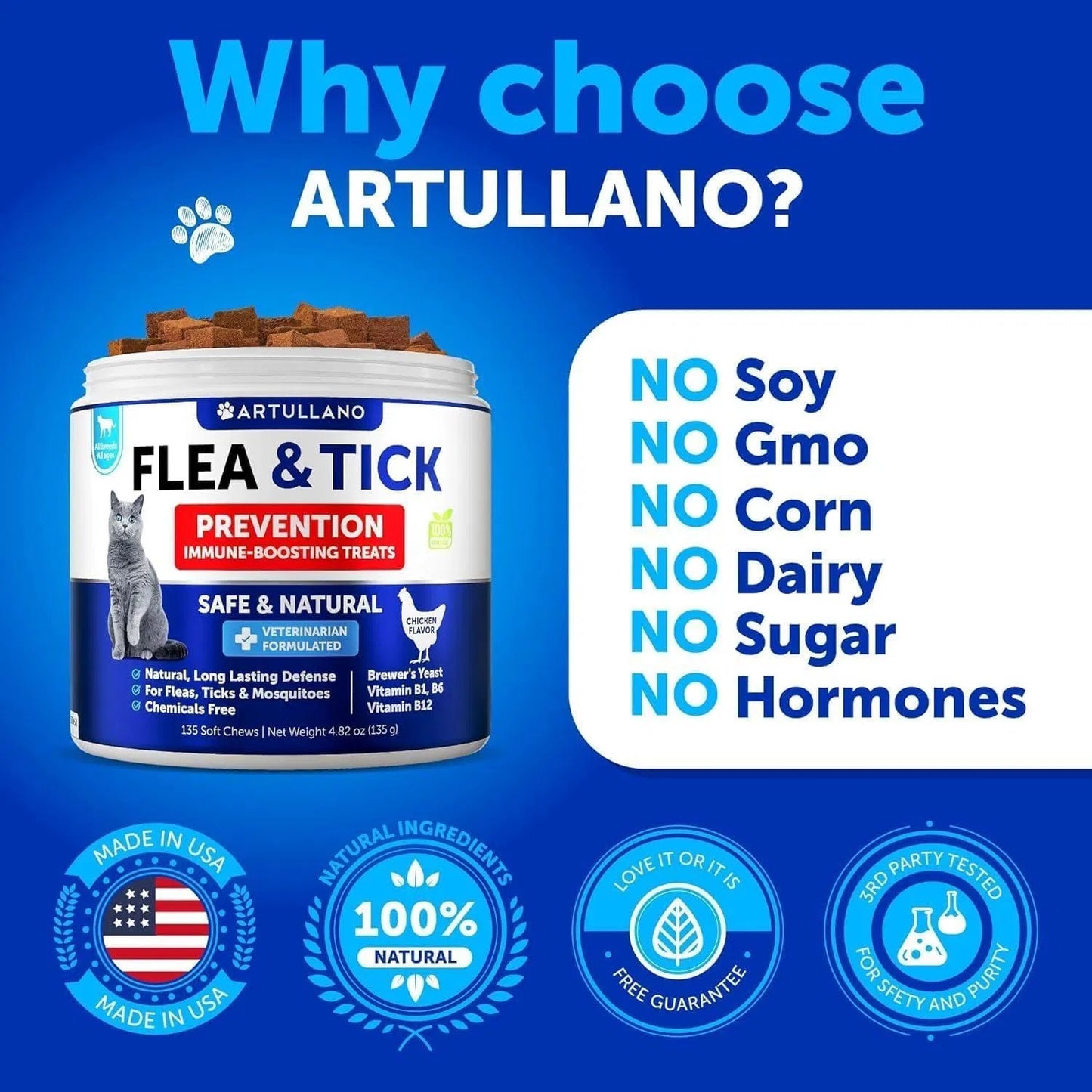 Artullano Flea & Tick Prevention Chews for Cats | Natural Supplement with B-Vitamins | 135 Soft Chews
