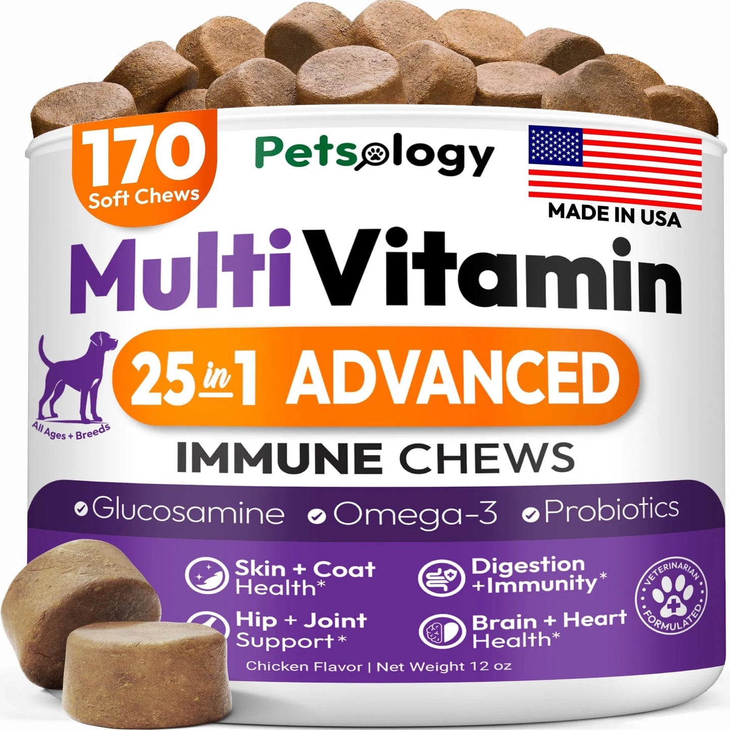 Petsology 25-in-1 Dog Multivitamin | Hip & Joint, Immune, Skin & Gut Support | 170 Chews