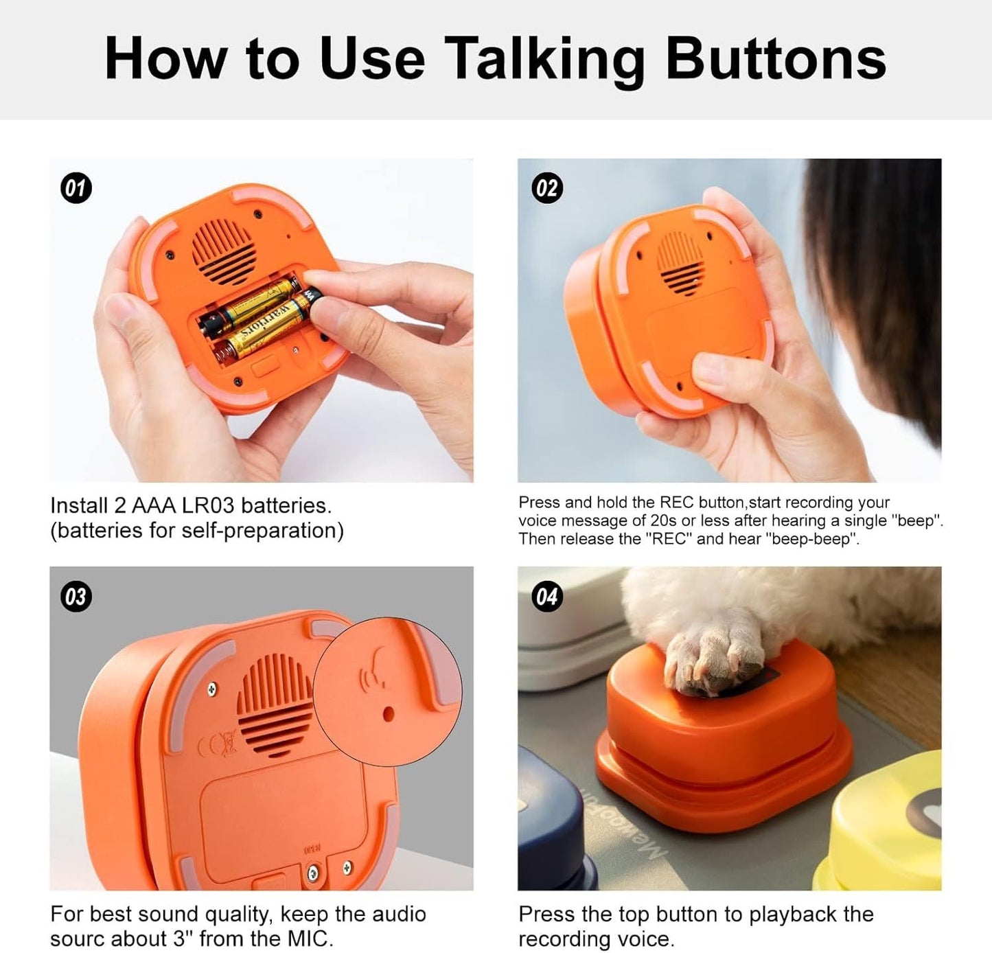 MEWOOFUN Dog Talking Buttons Set – 3-Pack Recordable Voice Communication Buttons with Non-Slip Mat for Pet Training and Interaction