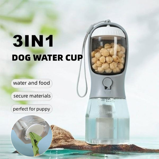 3-in-1 Portable Dog Travel Bottle: Filtered Water, Food, & Waste Bag Dispenser