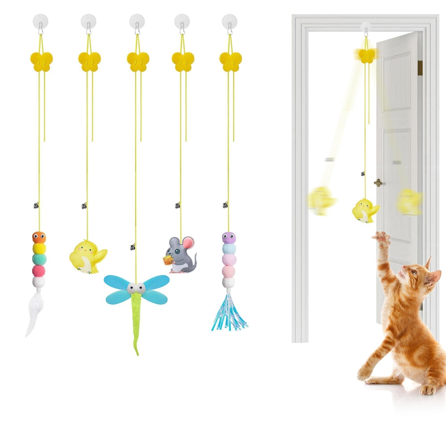 Interactive Cat Feather Toys 5-Pack – Adjustable Hanging Playset for Mental & Physical Stimulation, Perfect Companion for Lonely Cats