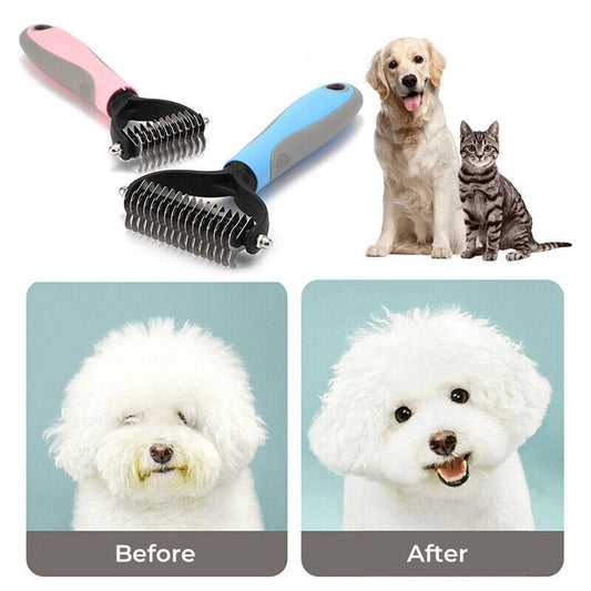 2-Sided Deshedding Grooming Brush for Dogs & Cats – Dematting Undercoat Rake Comb, Double-Sided Fur Remover Tool