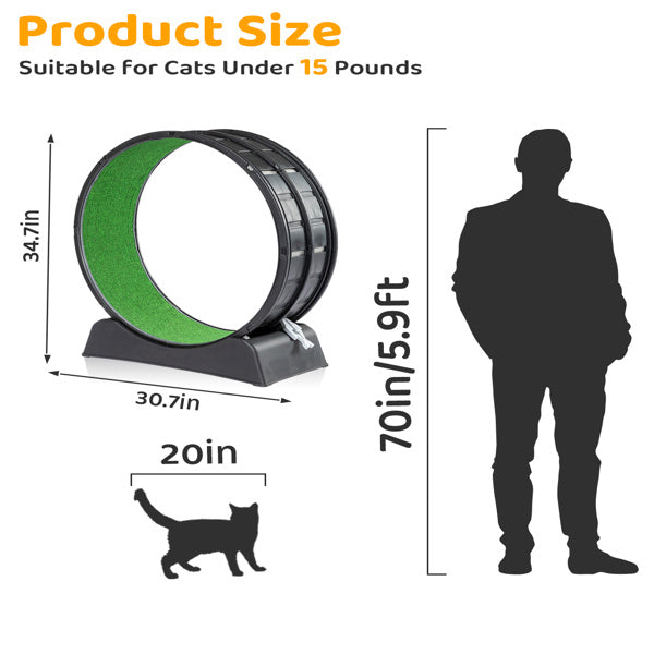 Black PP Cat Treadmill – 10kg Silent Running Exercise Wheel with Green Carpet & Safety Lock for Indoor Cats