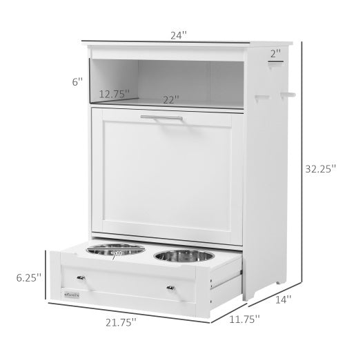 PawHut Hidden Pet Feeder Station & Storage Cabinet with Pull-Out Bowls