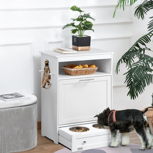 PawHut Hidden Pet Feeder Station & Storage Cabinet with Pull-Out Bowls