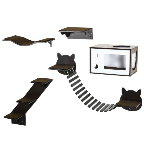 Modern Wall-Mounted Cat Tree – Multi-Level Shelves with Curved Platform, Cat House, Bridge, Stairs & Perch – Coffee Brown by PawHut