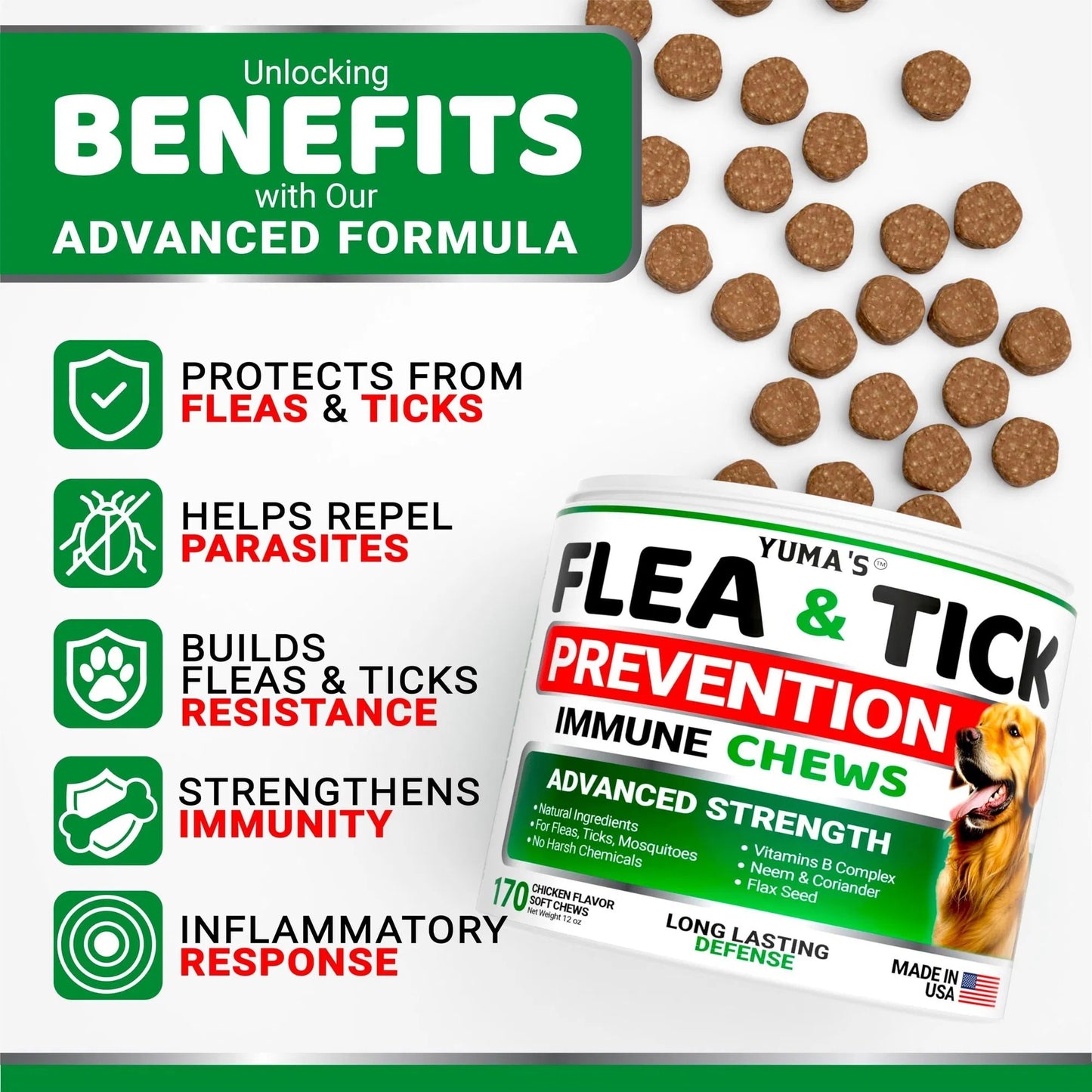 Yuma's Natural Flea & Tick Prevention Chews for Dogs | 170 Treats | Made in USA