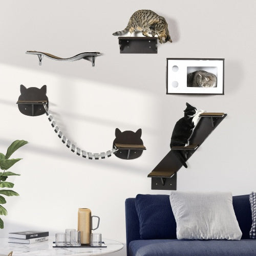Modern Wall-Mounted Cat Tree – Multi-Level Shelves with Curved Platform, Cat House, Bridge, Stairs & Perch – Coffee Brown by PawHut