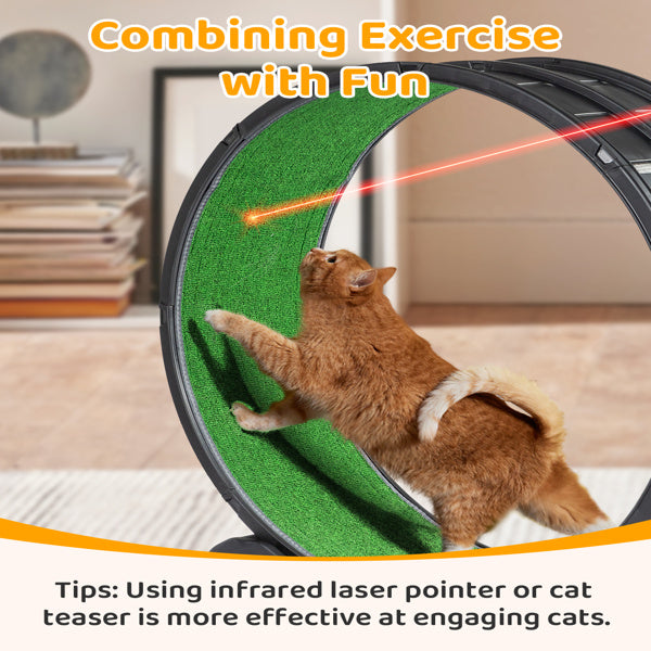 Black PP Cat Treadmill – 10kg Silent Running Exercise Wheel with Green Carpet & Safety Lock for Indoor Cats