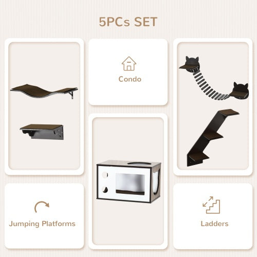 Modern Wall-Mounted Cat Tree – Multi-Level Shelves with Curved Platform, Cat House, Bridge, Stairs & Perch – Coffee Brown by PawHut