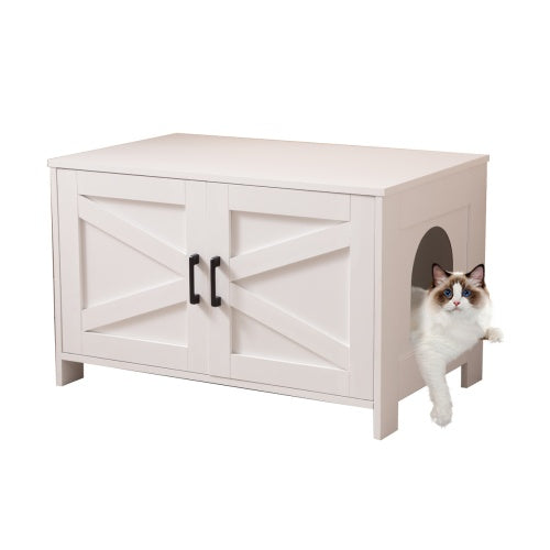 Modern Cat Litter Box Enclosure with Barn Door – Hidden Litter Box Furniture, Wooden Cat Washroom, End Table Style – Fits Most Litter Boxes, Greige