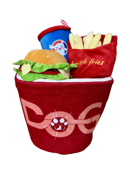 4-in-1 Fast Food Bucket Dog Toy Set – Squeaky Plush Bucket, Fries, Soda & Burger
