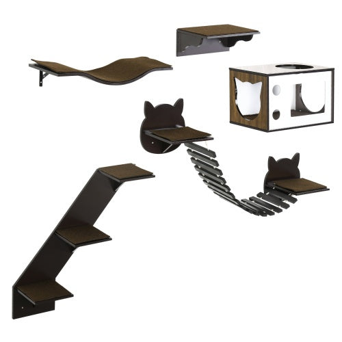 Modern Wall-Mounted Cat Tree – Multi-Level Shelves with Curved Platform, Cat House, Bridge, Stairs & Perch – Coffee Brown by PawHut