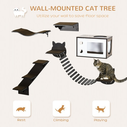Modern Wall-Mounted Cat Tree – Multi-Level Shelves with Curved Platform, Cat House, Bridge, Stairs & Perch – Coffee Brown by PawHut