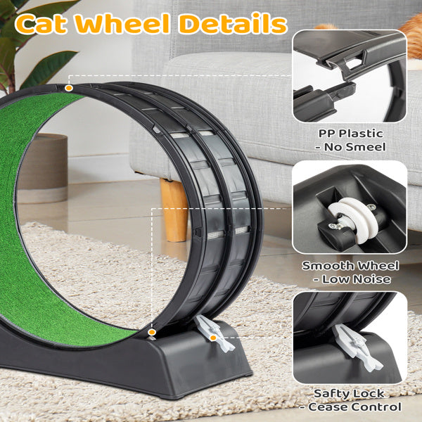 Black PP Cat Treadmill – 10kg Silent Running Exercise Wheel with Green Carpet & Safety Lock for Indoor Cats