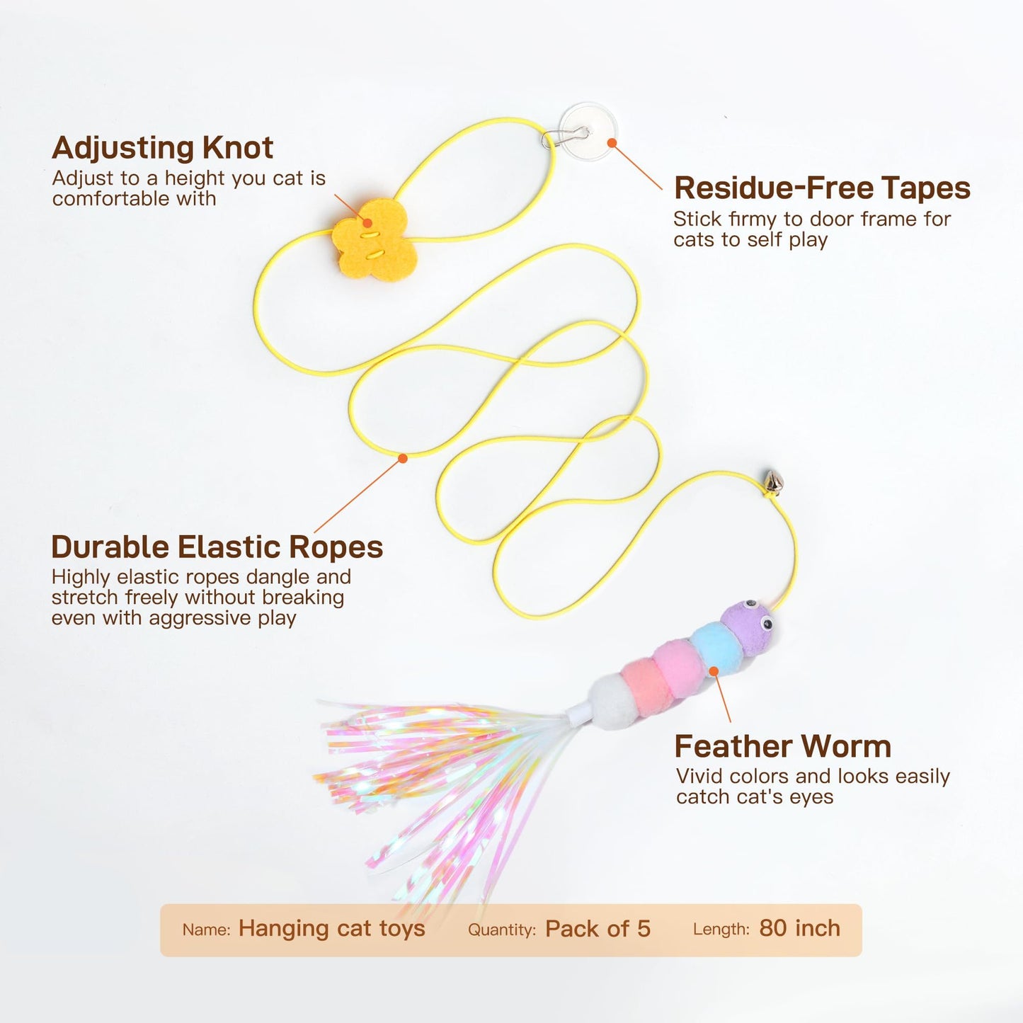 Interactive Cat Feather Toys 5-Pack – Adjustable Hanging Playset for Mental & Physical Stimulation, Perfect Companion for Lonely Cats