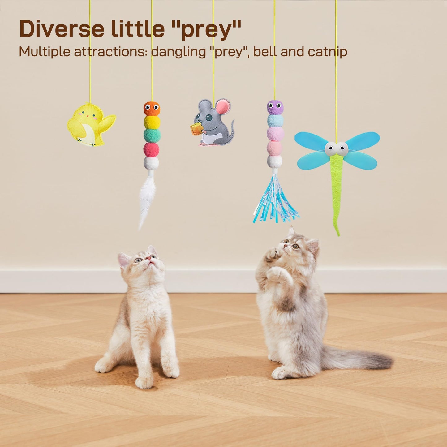 Interactive Cat Feather Toys 5-Pack – Adjustable Hanging Playset for Mental & Physical Stimulation, Perfect Companion for Lonely Cats