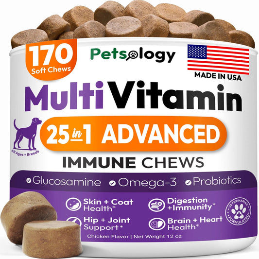 Petsology 25-in-1 Dog Multivitamin | Hip & Joint, Immune, Skin & Gut Support | 170 Chews