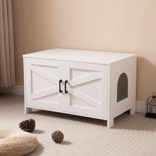 Modern Cat Litter Box Enclosure with Barn Door – Hidden Litter Box Furniture, Wooden Cat Washroom, End Table Style – Fits Most Litter Boxes, Greige