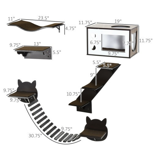 Modern Wall-Mounted Cat Tree – Multi-Level Shelves with Curved Platform, Cat House, Bridge, Stairs & Perch – Coffee Brown by PawHut