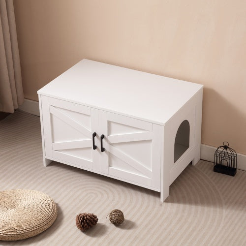 Modern Cat Litter Box Enclosure with Barn Door – Hidden Litter Box Furniture, Wooden Cat Washroom, End Table Style – Fits Most Litter Boxes, Greige