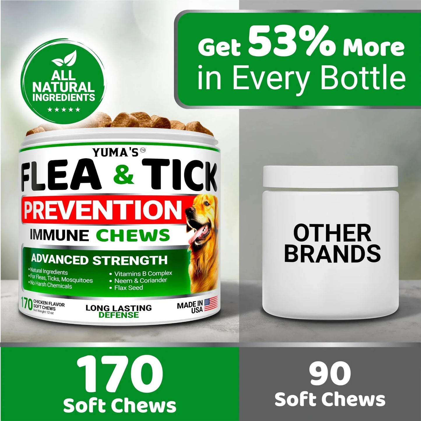 Yuma's Natural Flea & Tick Prevention Chews for Dogs | 170 Treats | Made in USA