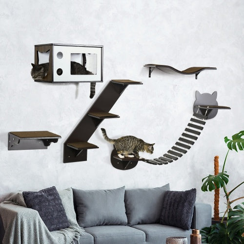 Modern Wall-Mounted Cat Tree – Multi-Level Shelves with Curved Platform, Cat House, Bridge, Stairs & Perch – Coffee Brown by PawHut